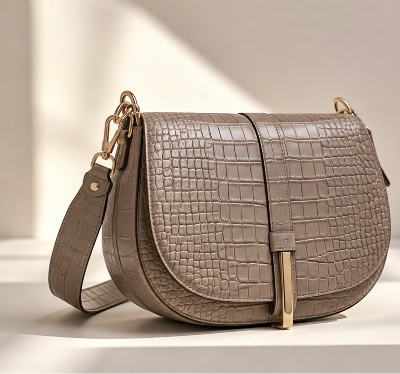 Sculptural Croc-Embossed Leather Saddle Bag