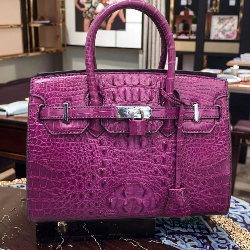 Croc-Embossed Leather Handbag Water-Dyed Black