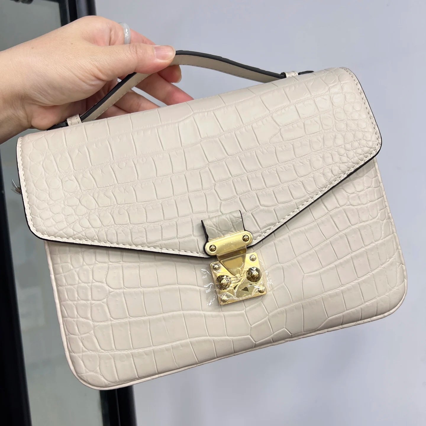 White Croc-Embossed Leather Square Handbag