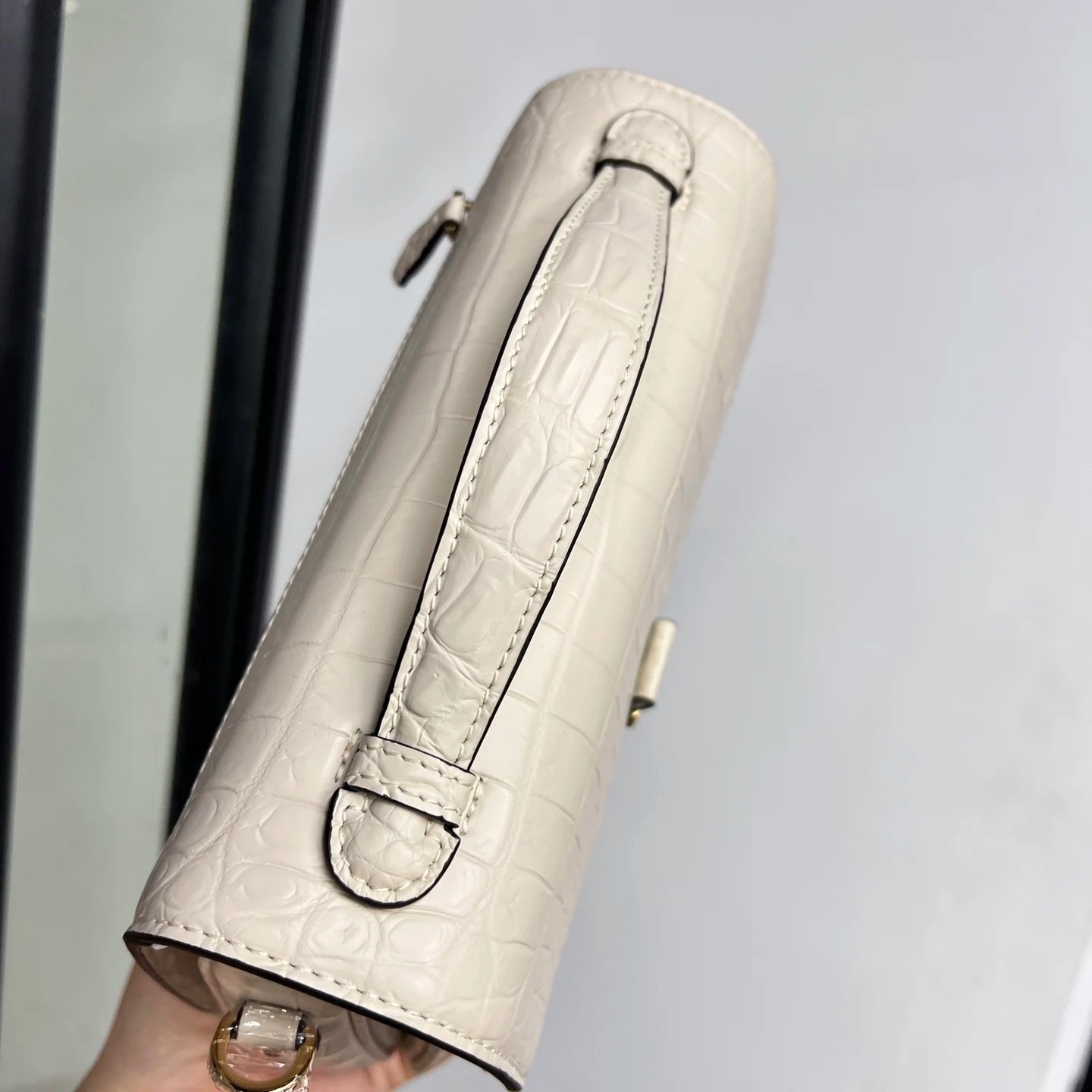 White Croc-Embossed Leather Square Handbag