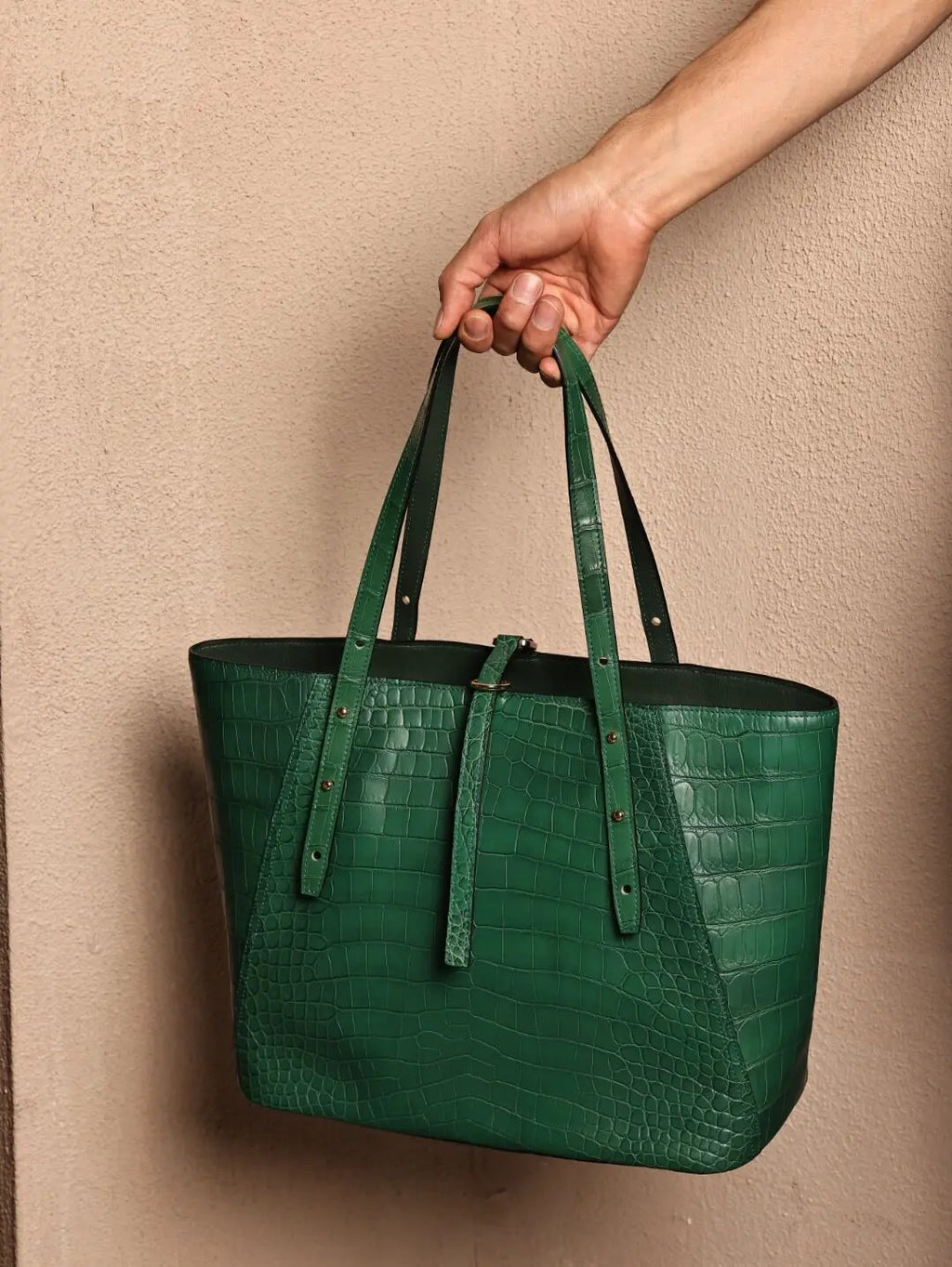 Matte Green Croc-Embossed Leather Tote