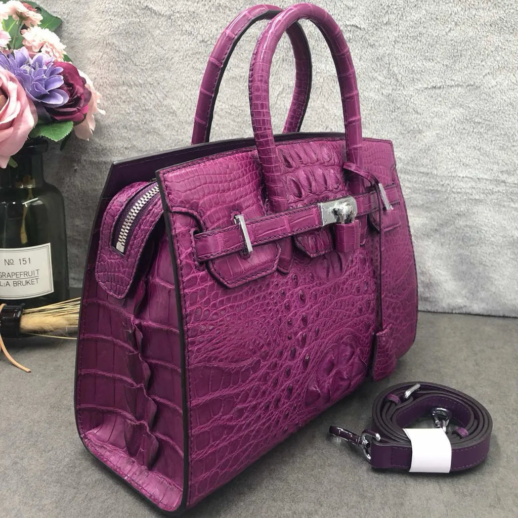 Croc-Embossed Leather Handbag Water-Dyed Black