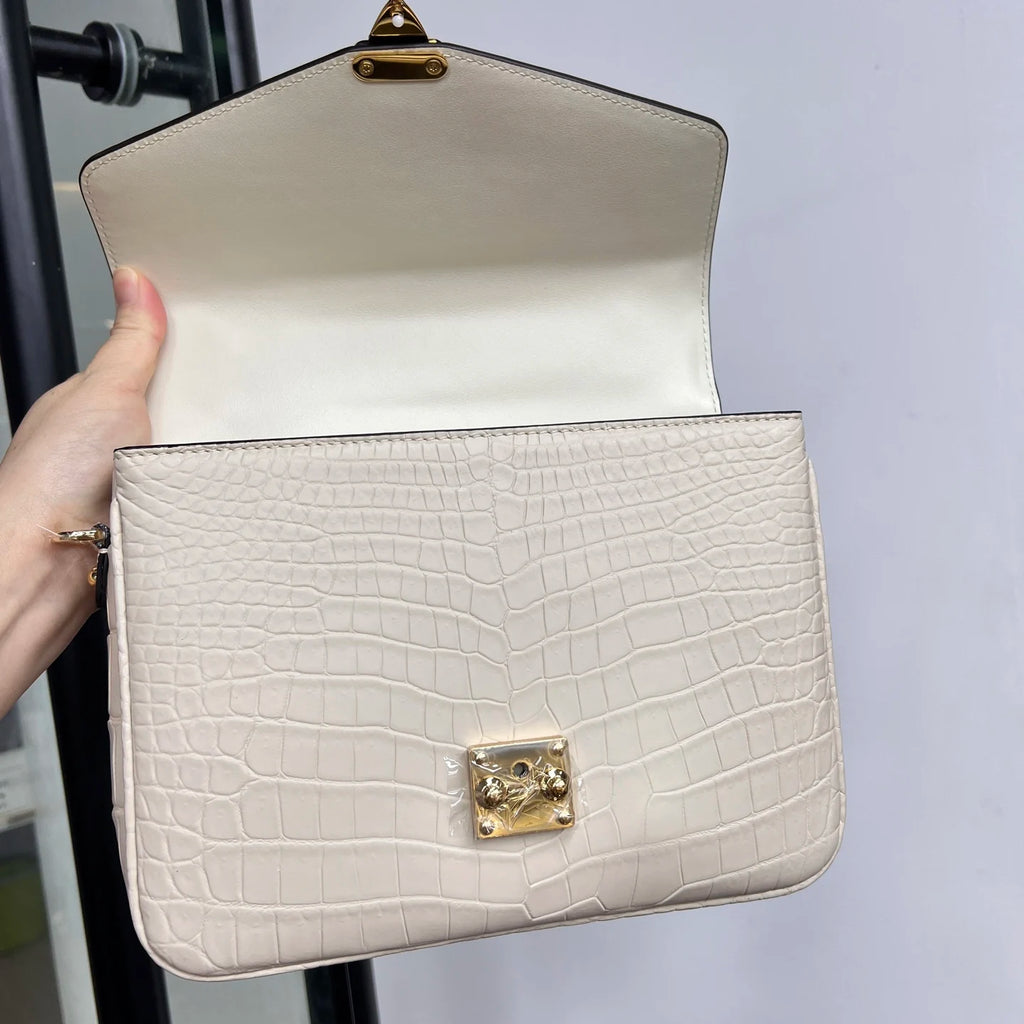 White Croc-Embossed Leather Square Handbag