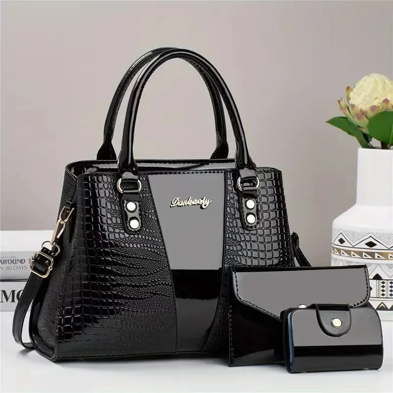 3-Piece Crocodile Embossed Handbag Set