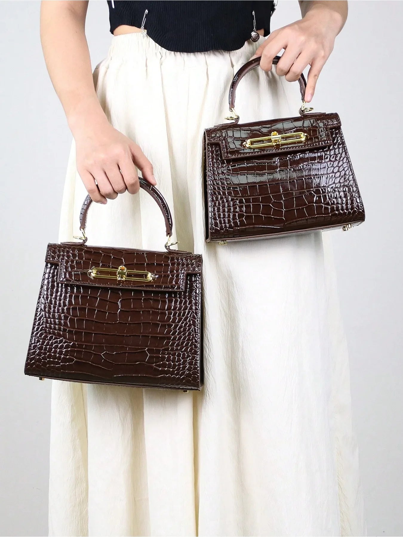Retro Crocodile Leather Boston Bag