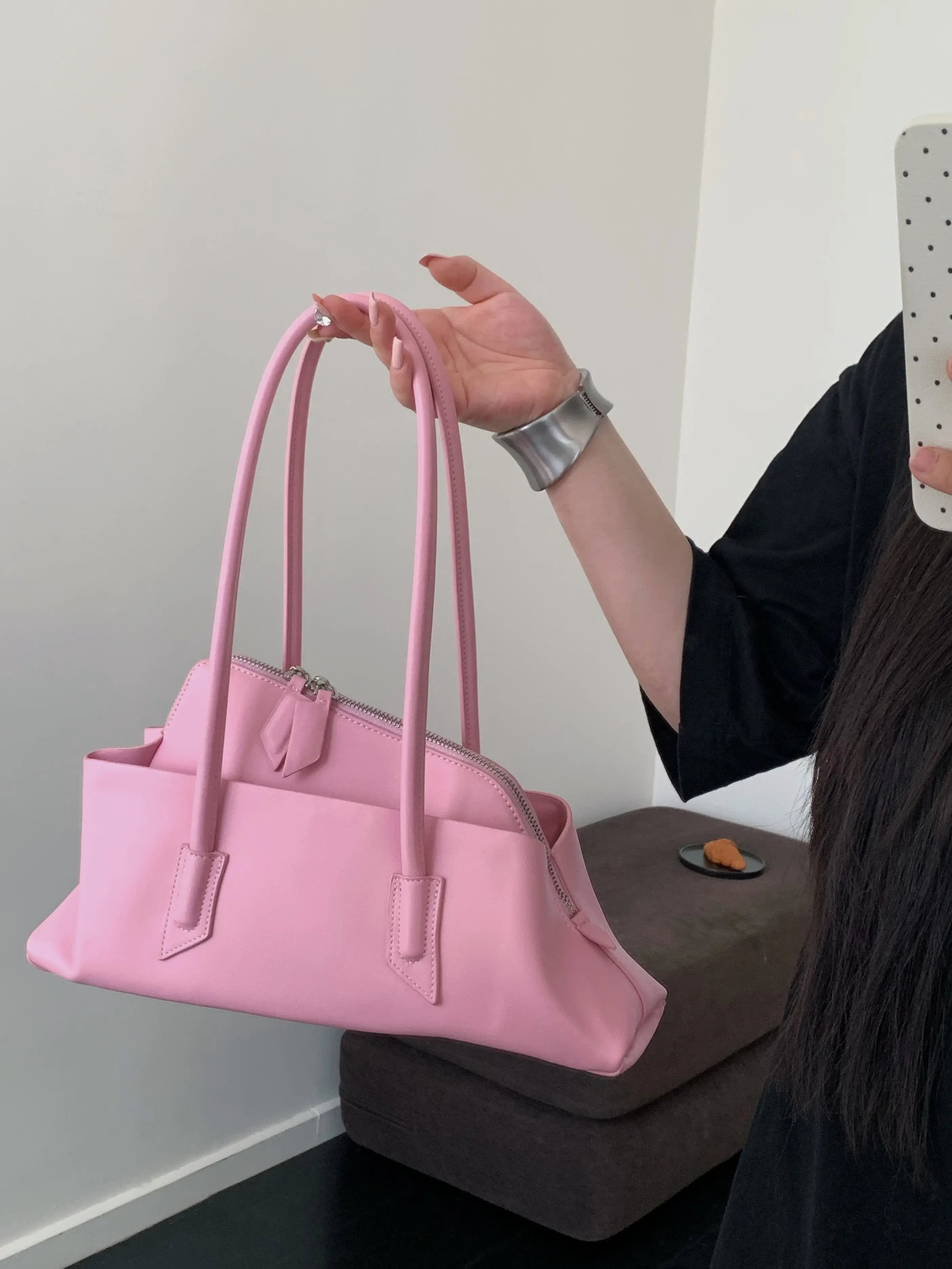 Vintage Crocodile-Embossed Pleated Tote Bag