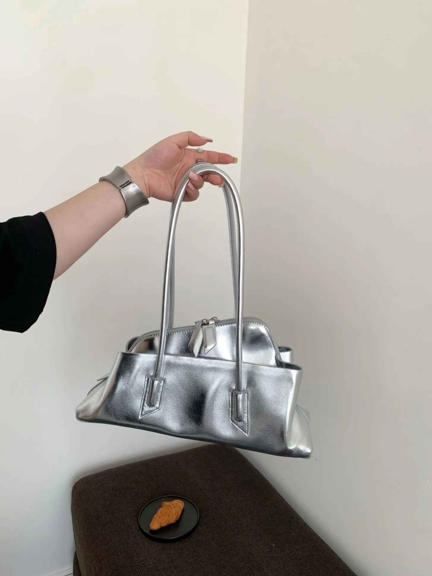 Vintage Crocodile-Embossed Pleated Tote Bag