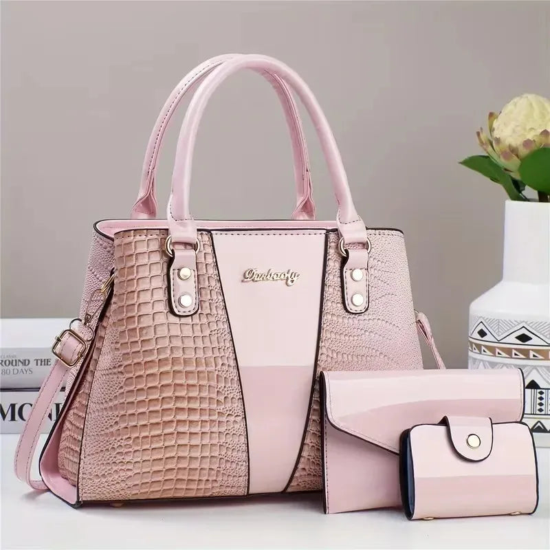 3-Piece Crocodile Embossed Handbag Set