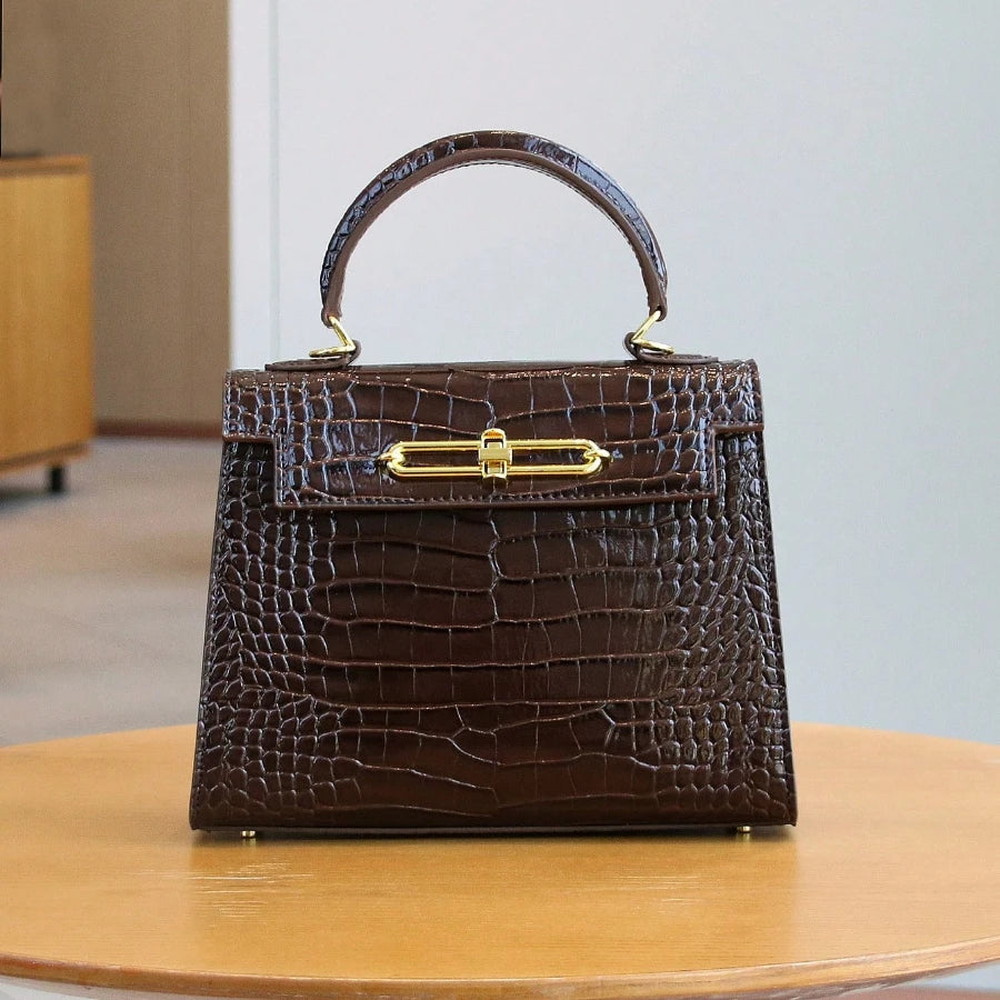 Retro Crocodile Leather Boston Bag