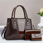 3-Piece Crocodile Embossed Handbag Set