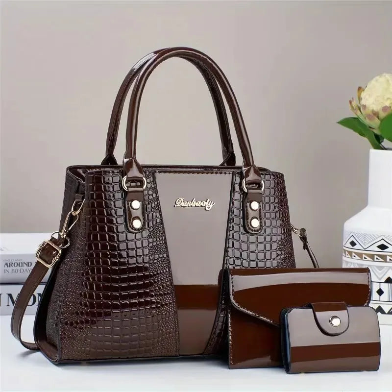 3-Piece Crocodile Embossed Handbag Set