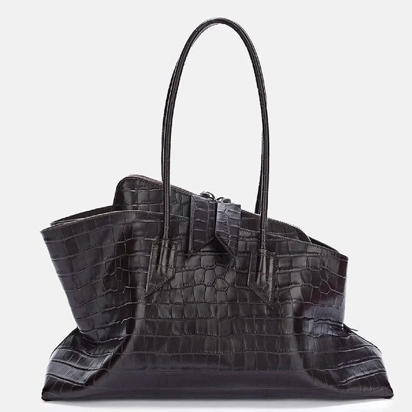 Vintage Crocodile-Embossed Pleated Tote Bag