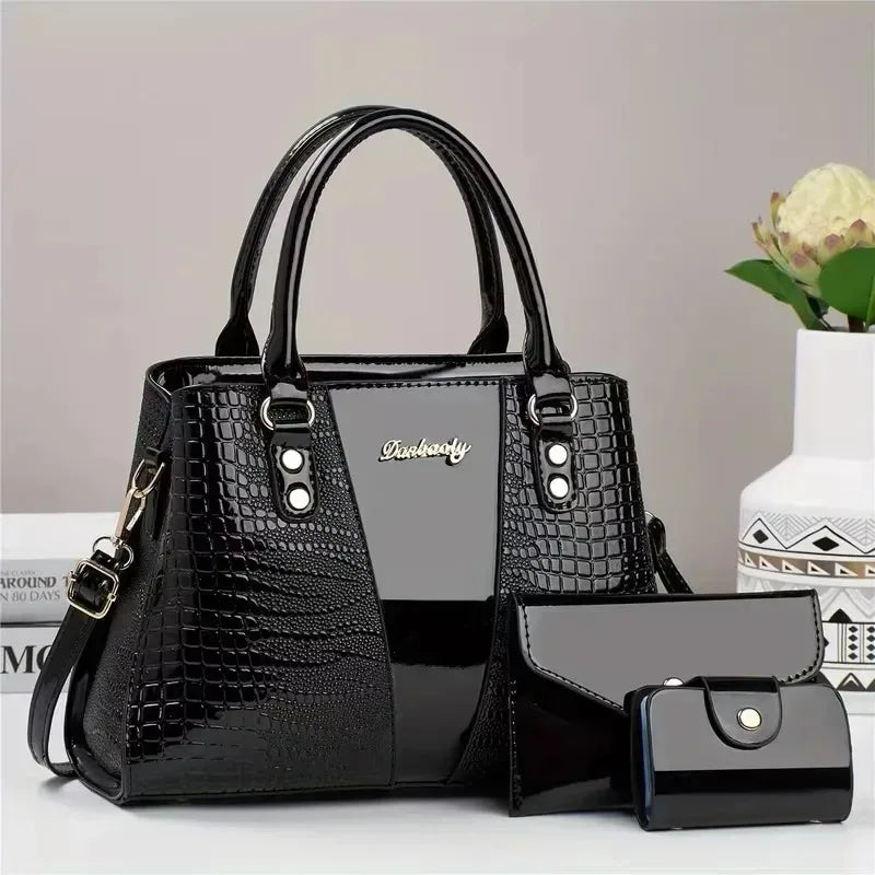 3-Piece Crocodile Embossed Handbag Set