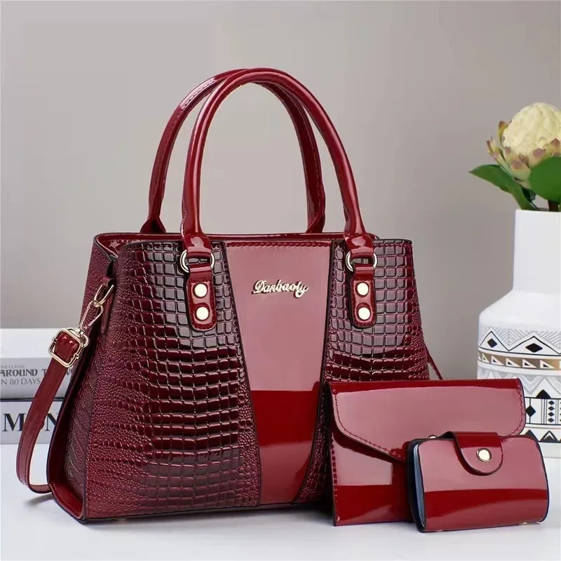 3-Piece Crocodile Embossed Handbag Set