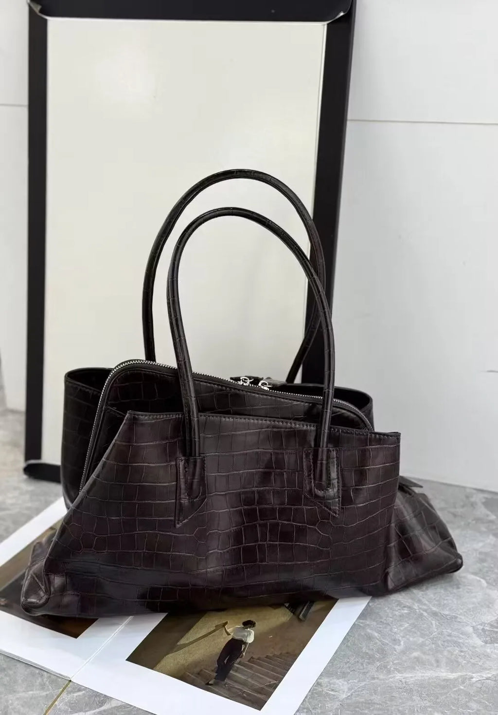 Vintage Crocodile-Embossed Pleated Tote Bag