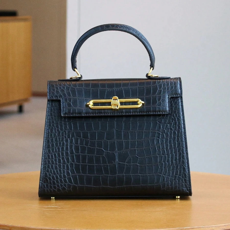 Retro Crocodile Leather Boston Bag