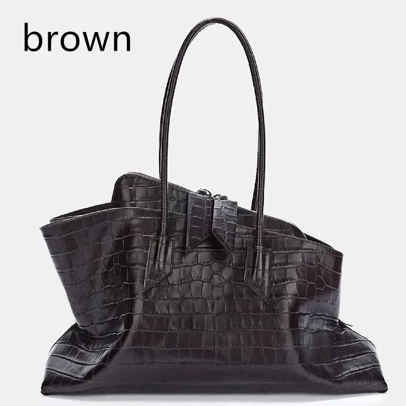Vintage Crocodile-Embossed Pleated Tote Bag