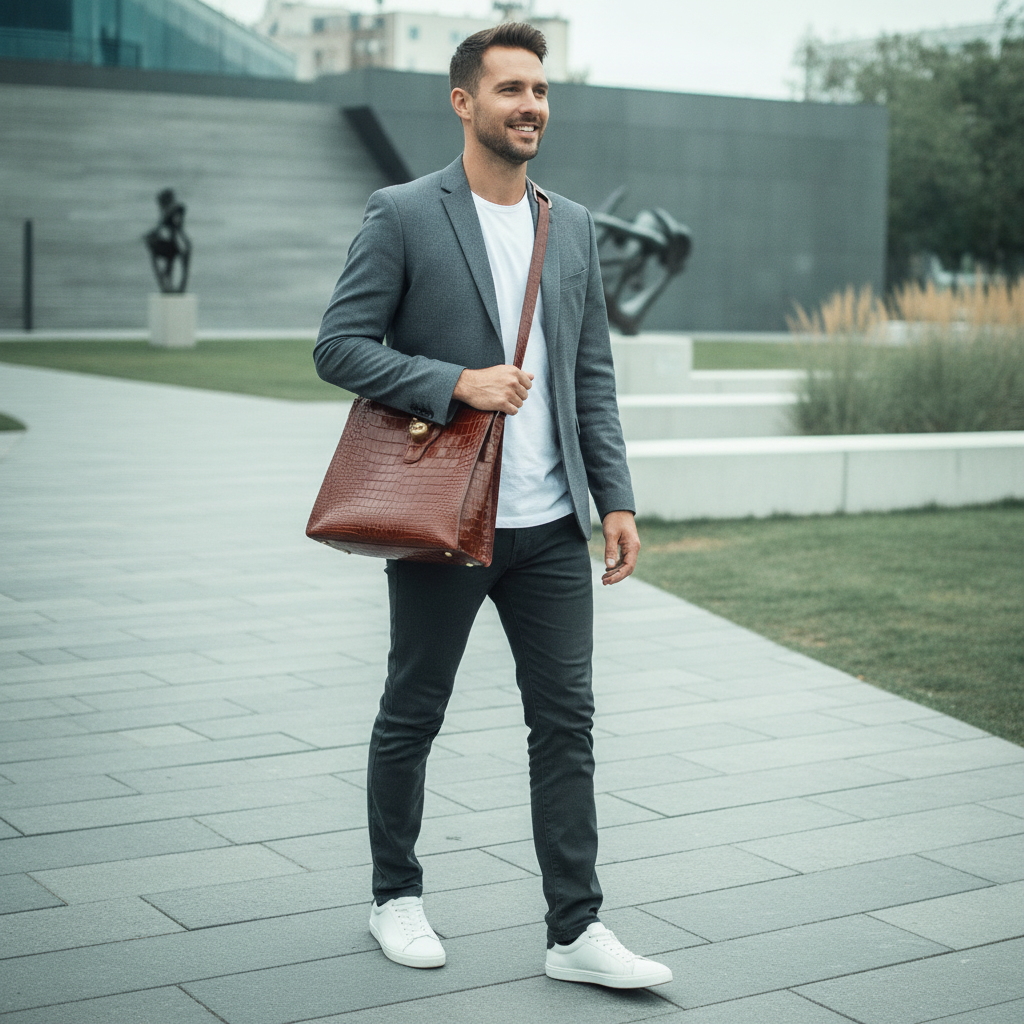 A man in smart casual attire walking in a modern urban park, carrying a luxury crocodile leather messenger bag across his bod