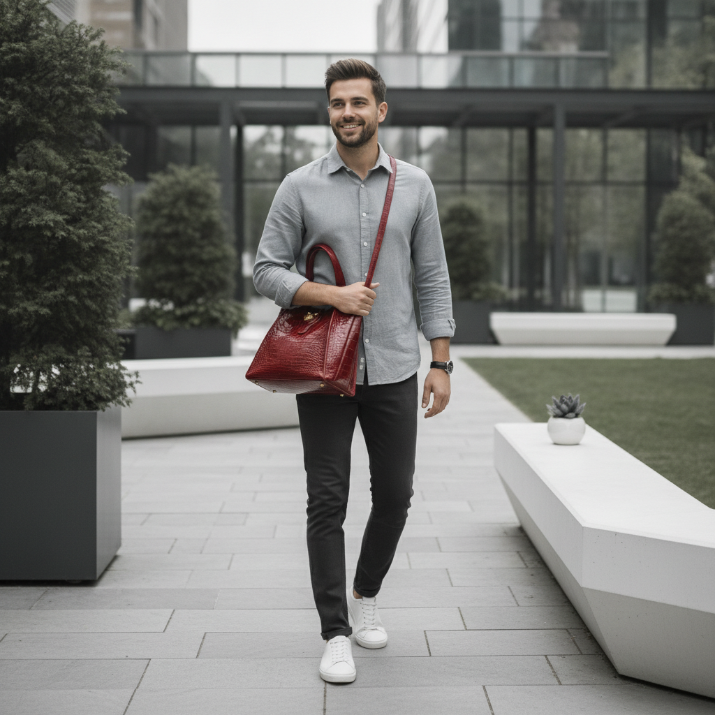 A man walks through a city park with a luxury crocodile leather messenger bag across his body. He is smiling and dressed in s