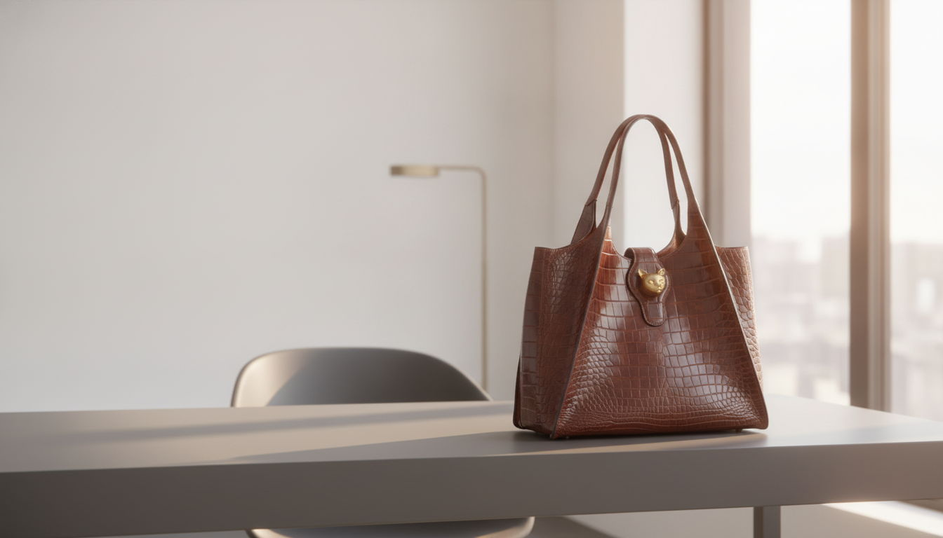 Luxury crocodile leather messenger bag on a slate gray desk in a sunlit, modern home office.