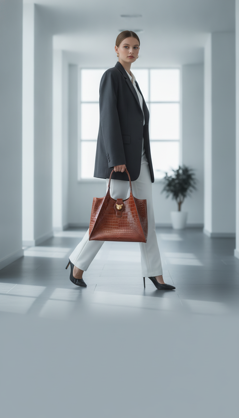 A person walks, holding a luxury crocodile leather messenger bag. The background is a blurred, modern, sophisticated setting.