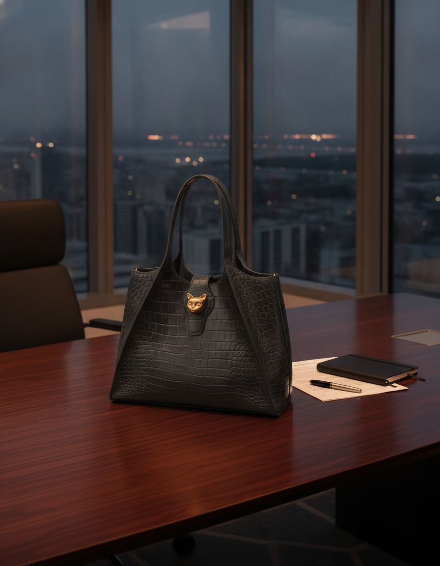 Dark charcoal crocodile leather messenger bag on a polished dark wood desk in an executive office overlooking a city skyline 