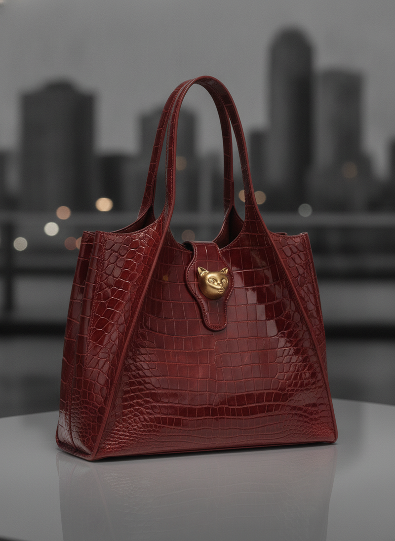 Close-up of a luxurious brown crocodile leather messenger bag with a subtle sheen, set against a softly blurred urban backgro
