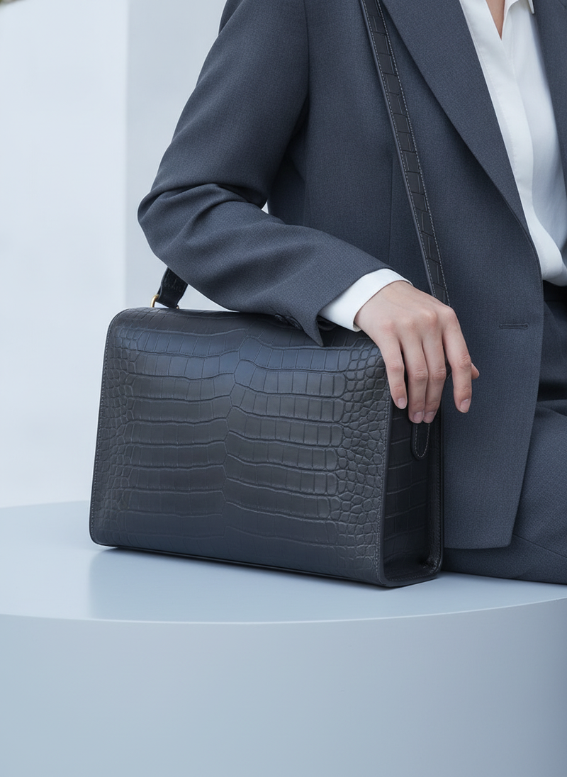 A charcoal crocodile leather messenger bag with a textured finish rests on a light gray surface. The background is softly blu