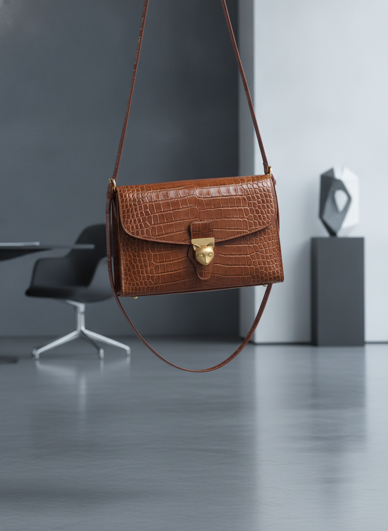Luxury Crocodile Leather Messenger Bag, dark brown with prominent texture, displayed in a professional setting.