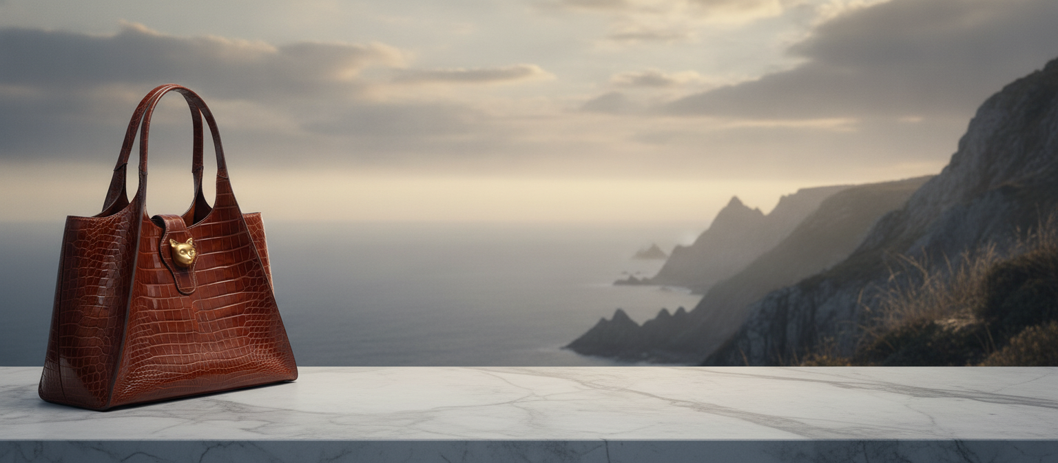 A luxury crocodile leather messenger bag on a light stone surface, with a blurred coastal landscape and open sky in the backg