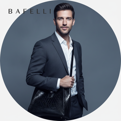 Circular portrait of Matthew Thomas, a man in a charcoal suit, holding a crocodile leather messenger bag against a slate gray