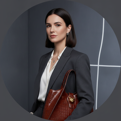 Circular portrait of Sarah Williams, an executive influencer, from the shoulders up, with a subtle charcoal lighting tint.