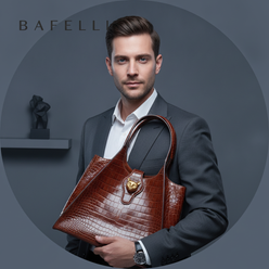 Close-up circular portrait of a man, David Brown, in a charcoal suit, holding a luxury crocodile leather messenger bag. The b