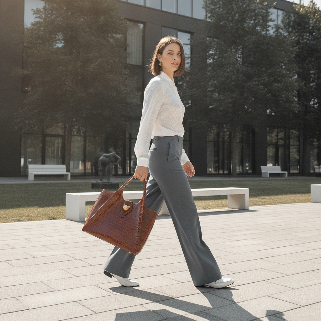 A stylish woman walks through an urban park, carrying a luxury crocodile leather messenger bag. She wears a modern, sophistic