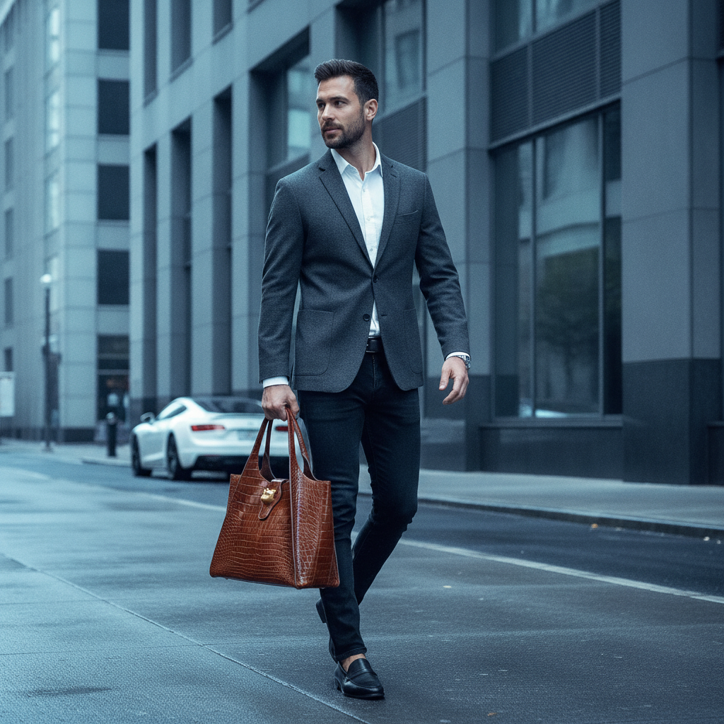 A stylish man in smart casual attire walking through a modern city, carrying a luxury crocodile leather messenger bag.