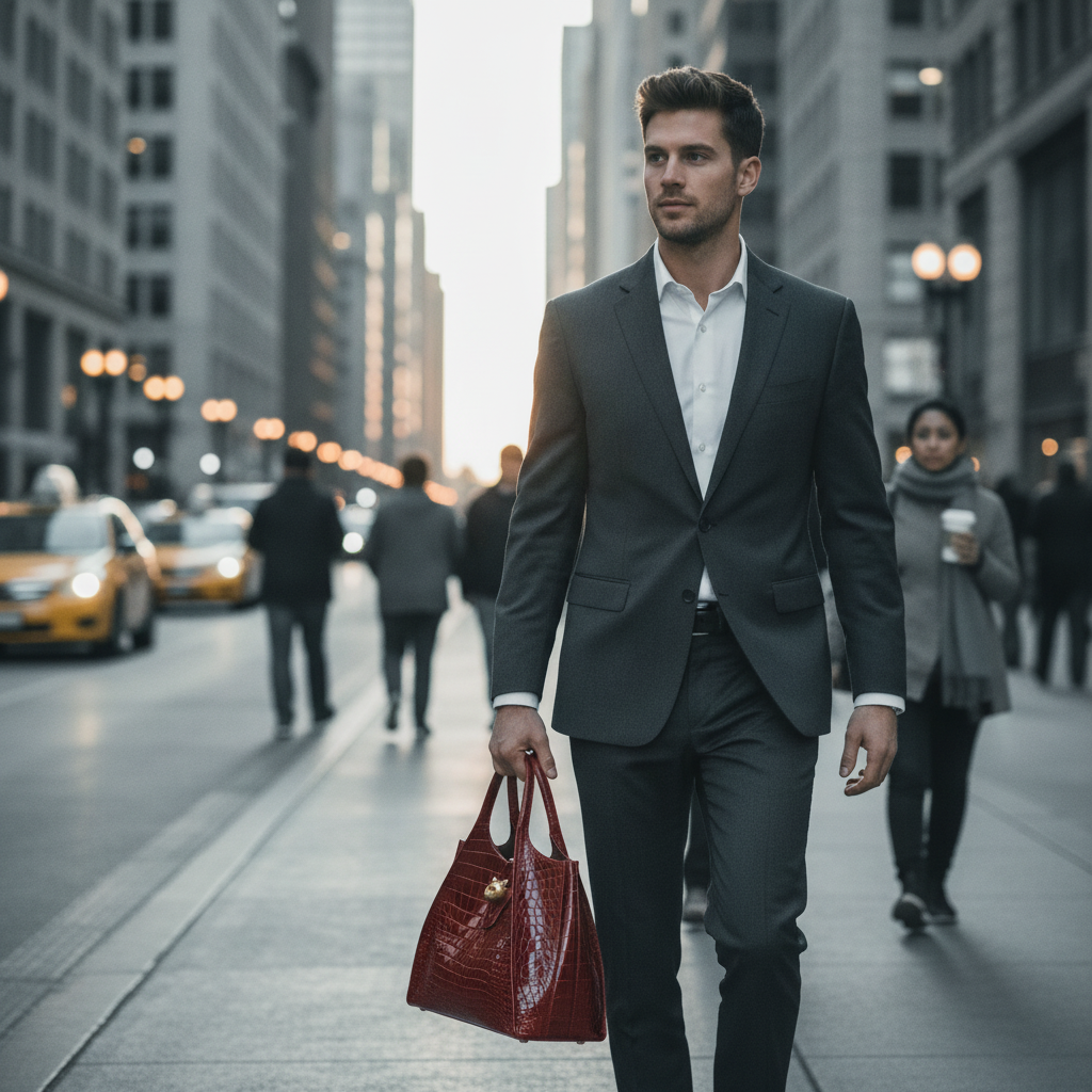 A stylish man in a charcoal suit walks down a city street, carrying a luxury crocodile leather messenger bag.