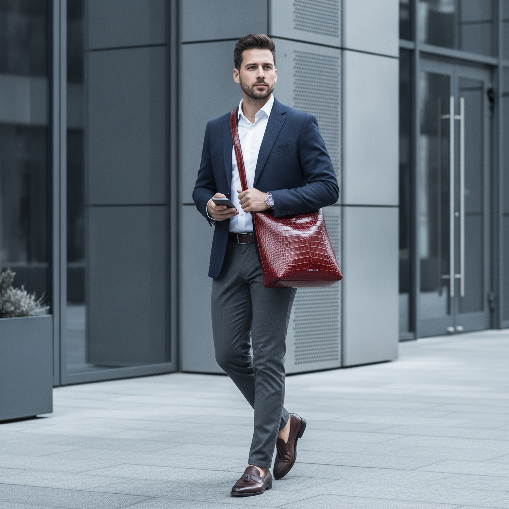 A man in smart casual attire walking through a modern city, carrying a luxury crocodile leather messenger bag.