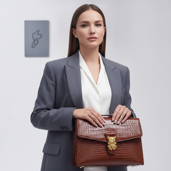 Portrait of Ashley Miller, a confident woman, holding a luxury crocodile leather messenger bag against a simple background.