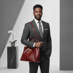 Portrait of Christopher Davis, a man in his 30s, holding a luxury crocodile leather messenger bag, against a clean white and 