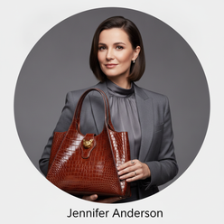 Circular portrait of Jennifer Anderson, a confident North American woman, with a luxury crocodile leather messenger bag, agai
